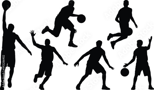 Silhouettes of six basketball players in motion, dribbling, jumping, shooting, passing, symbolizing athletic energy, teamwork, competition, sportsmanship, and dynamic action