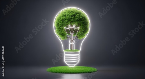 Eco-Friendly Energy Concept: Lightbulb with Green Foliage, Symbolizing Sustainable Innovation and Renewable Resources