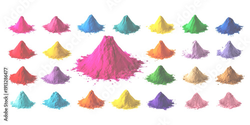 Vibrant piles of colorful powder pigments arranged in rows and columns on a white background, isolated for design