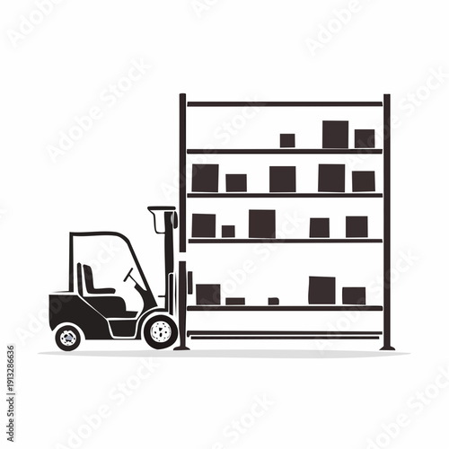 Forklift Truck Loading Boxes on Storage Shelves in Warehouse.