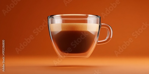Elegant glass cup of espresso coffee with rich crema, studio shot on caramel background