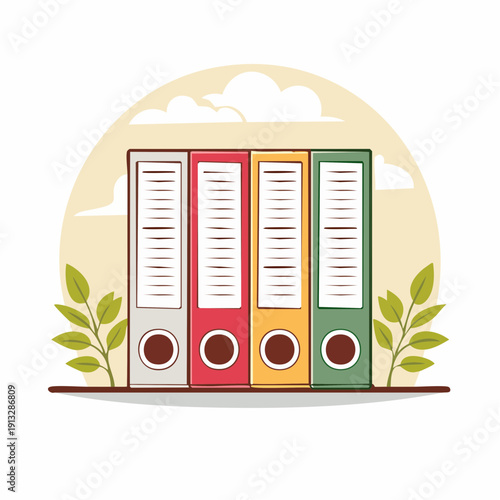 Colorful office binders with documents and green plants.