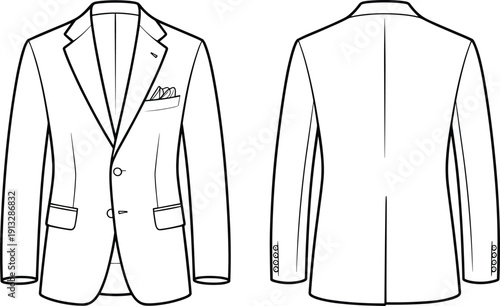 blazer, jacket, menswear, fashion, tailoring, garment, clothing, apparel, coat, suit, formal, vector, design, sketch, outline, drawing, front, back, style, illustration