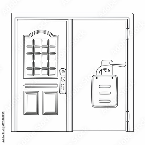 Simple line drawing of a door with a lock and keycard reader.