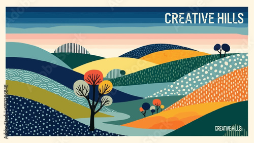 Stylized Rolling Hills Landscape with Trees and Abstract Patterns.