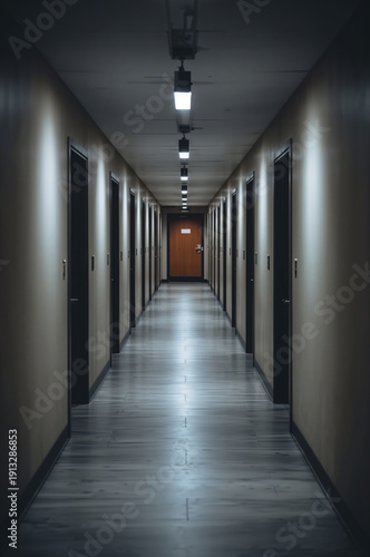 Long Hallway With Doors and Lights in a Building at Night
