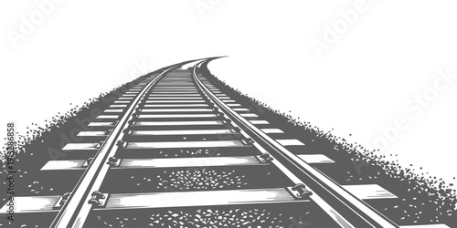 A curving railway track vanishing into the distance with a textured foreground and clear sky, monochrome vector illustration