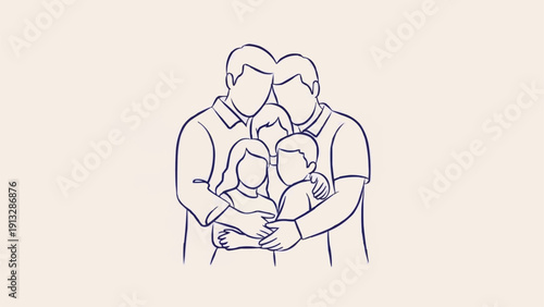 Two fathers embracing their two children in a loving family portrait.