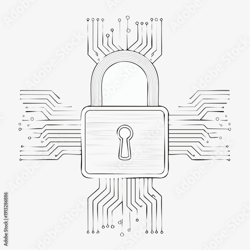 Digital security concept with padlock and circuit board.