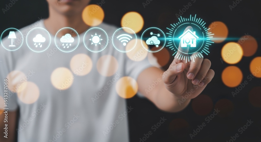 Fototapeta premium Smart Home Automation Concept: Person Interacting with a Digital Interface to Control Home Systems