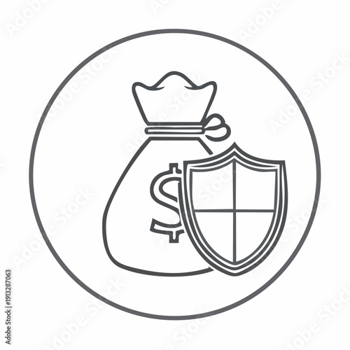 Simple line art illustration of a money bag and shield icon.