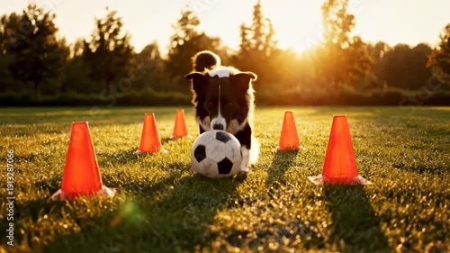 Dog Playing Soccer in a Sunny Park with Orange Cones.