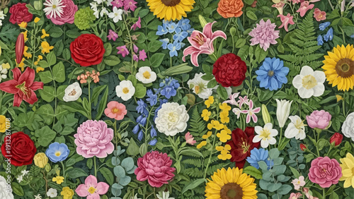 Vibrant Assortment of Colorful Spring and Summer Flowers in Full Bloom.