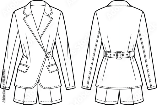 blazer, shorts, set, womenswear, fashion, clothing, apparel, garment, tailored, jacket, lapel, collar, sleeve, pocket, belt, stylish, chic, front, back, vector, illustration