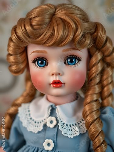 Close up photo of an exquisite retro doll featuring golden ringlets and captivating blue eyes. Adorned in a charming blue frock with a dainty white peter pan collar