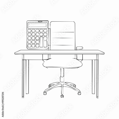 Simple office desk with chair and calculator illustration.