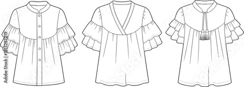 Blouse fashion CAD drawing, ruffled sleeve flat sketch, women's clothing design template, stylish apparel vector, fashion illustration, Adobe Stock image