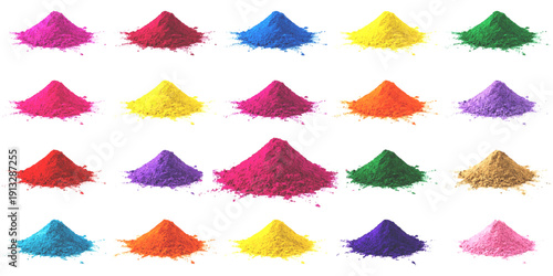 Vibrant piles of colored powder, holi festival pigments, bright and festive celebration, isolated on white background, graphic design elements