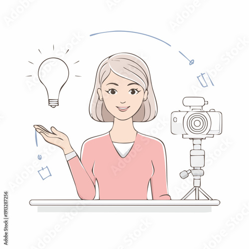 Woman creating content with camera and lightbulb idea.