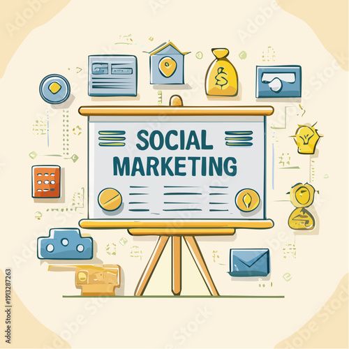 Social Marketing Presentation with Icons and Graphics on Easel.