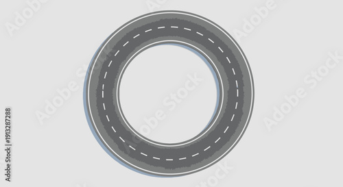 Gray Circular Road with Dashed Lines Isolated on White Background