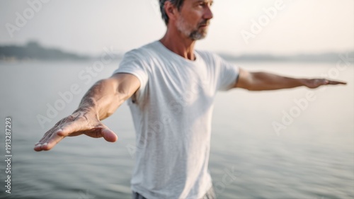 Mature man practicing mindful movement near the water, enhancing well-being through gentle exercise and connection with nature