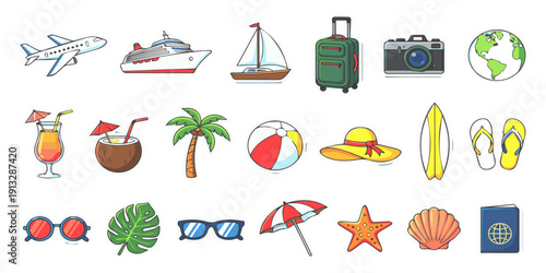 Collection of colorful hand-drawn summer vacation and travel icons including airplane, cruise ship, sailboat, suitcase, camera, and beach essentials