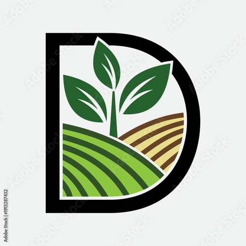 Letter d logo with agriculture field and green leaves symbol for organic farming and natural produce