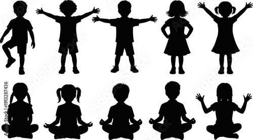 Black and white vector silhouettes of diverse children in active poses including standing with open arms and sitting in yoga meditation on white background.