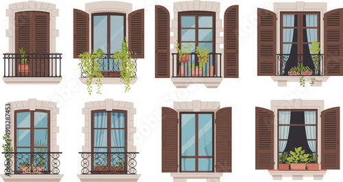 Vintage European window vector set with wooden shutters stone frames iron balconies and green plants isolated on white background for architectural building design