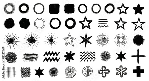 Black and White Geometric Shapes and Stars Isolated on White Background