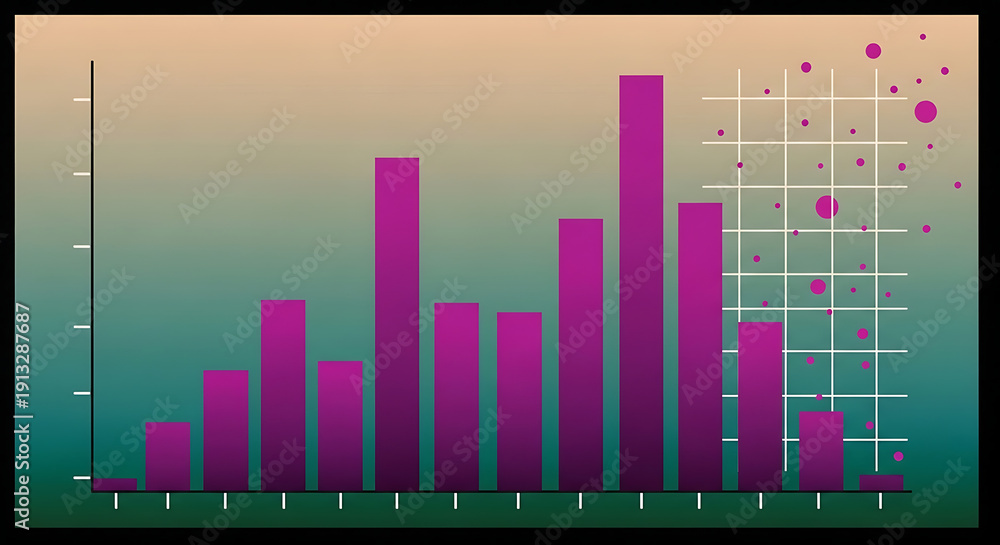 Fototapeta premium Stylized bar graph with purple bars on gradient background transitioning from beige to green isolated on a transparent background