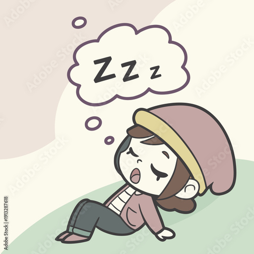 A cartoon girl sleeping on the grass with a thought bubble