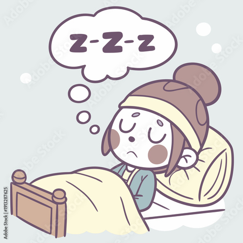 A cartoon woman sleeping in bed with a zzz thought bubble