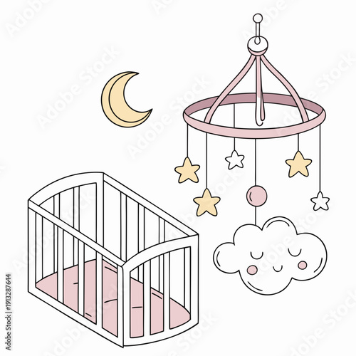 A baby crib with a mobile and a moon