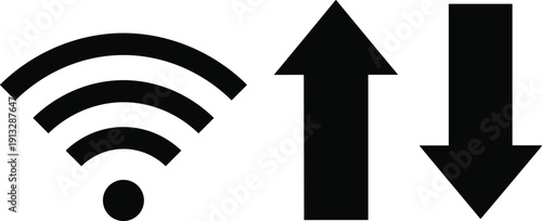WiFi Signal and Up Down Arrow Icons Vector Set, Wireless Internet Connection and Data Transfer Symbols Isolated on Light Background