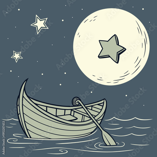 A small boat floats on water under a starry night sky with a large moon