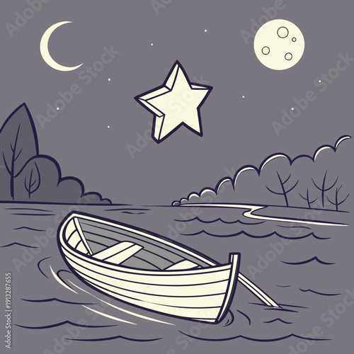 A small boat floats on a lake under a starry night sky