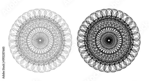 Intricate Black and White Mandalas with Concentric Circles and Floral Patterns Isolated on White Background