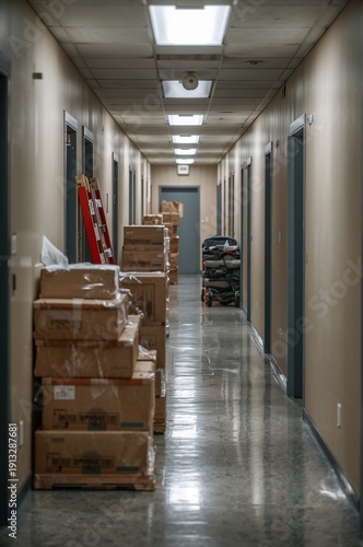 Delivery Boxes Lined in a Long Corridor With Doors on Either Side and Lights ...