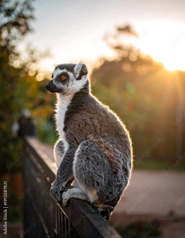 Fototapeta premium A ring-tailed lemur sits perched on a fence, bathed in the warm light of a setting sun. The backdrop glows