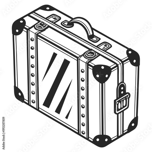 A black and white drawing of a vintage suitcase