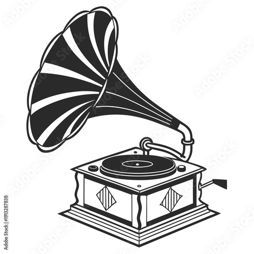 A black and white drawing of a gramophone