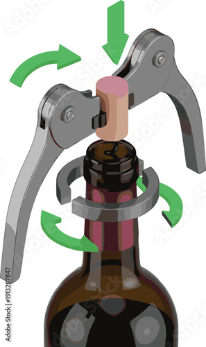 Wine Bottle Cork Removal Process Using Mechanical Corkscrew Tool with Direction Arrows Showing Motion Isolated on White Background