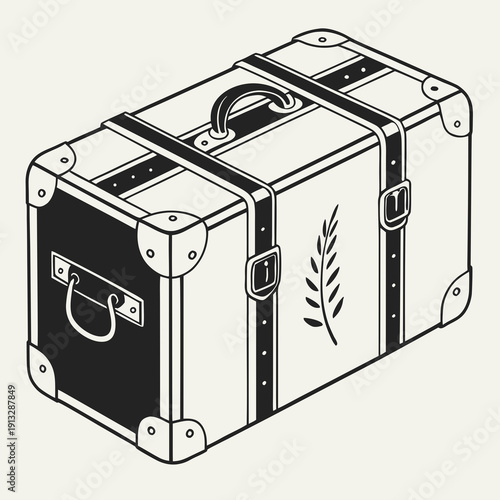 A black and white drawing of a suitcase with a leaf on the side