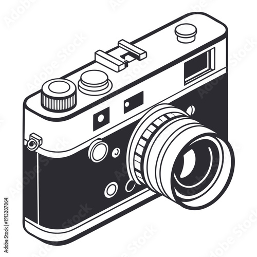 A black and white drawing of a camera