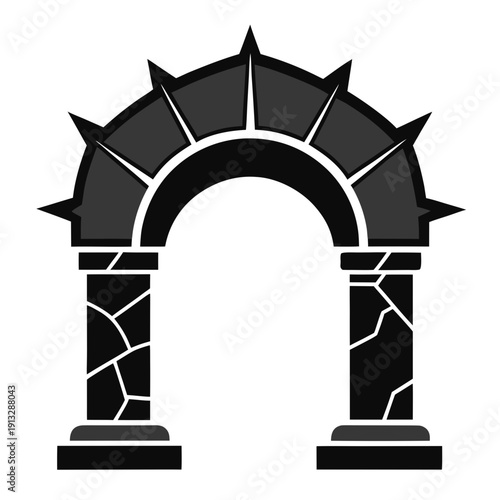 A black and white image of an archway with spikes