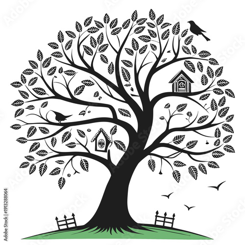 tree with birdhouses and birds on branches