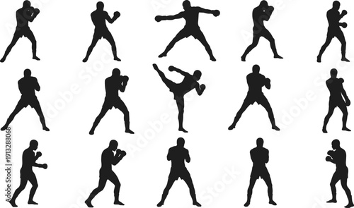 Boxing man silhouettes training, punching, kicking, fighting stances, workout, martial arts, fitness, combat sport, strength, discipline, athlete, gloves, exercise.