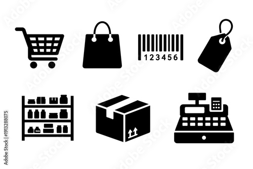 Collection Of Retail Icons Shopping Cart Bag Barcode Tag Shelves Box Cash Register Black Silhouette